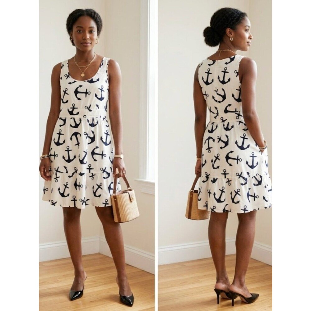 J Crew Dizzy Anchor Cotton Nautical Print Tiered A Line Tank Dress Pockets Sz 4